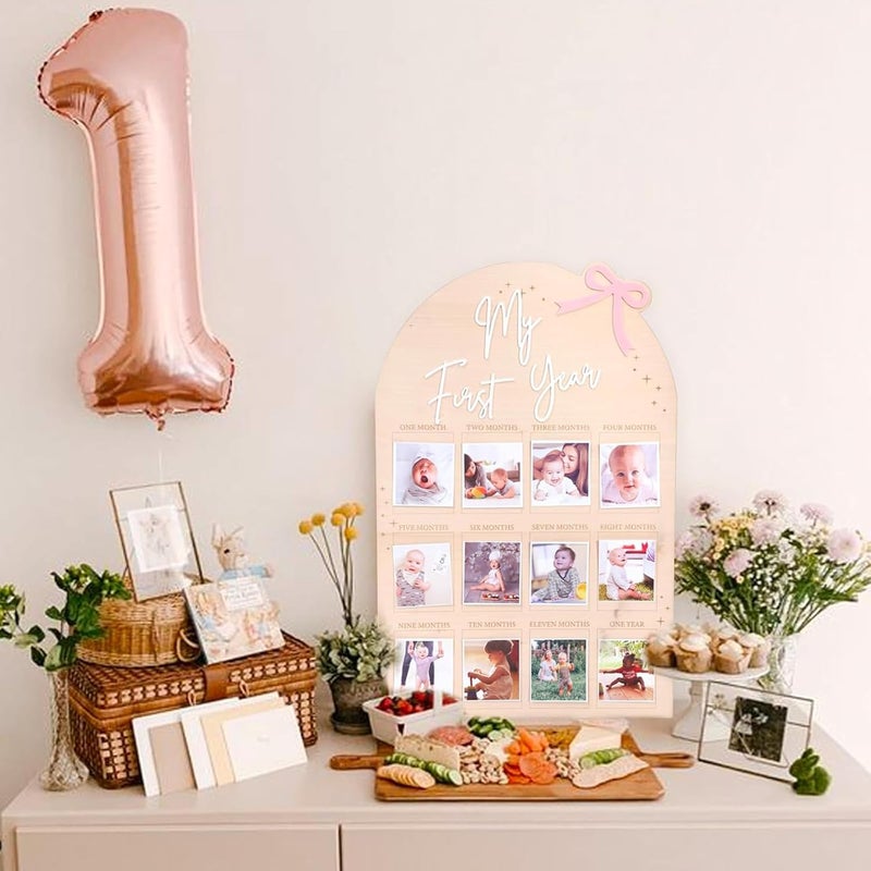 FLhdM My First Year Photo Frame Board, 1st Birthday Girl Boy Gifts, Newborn Newmom Gift, 1 Year Old Girls Gifts, One Year Birthday Party Decorations, Baby Shower Baptism Favors, 12 Months Milestone - Image 5